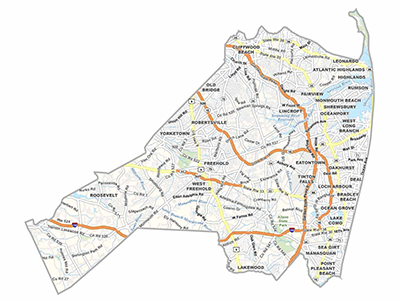 Geographic outline of Monmouth County New Jersey covered by free laundry pickup delivery service