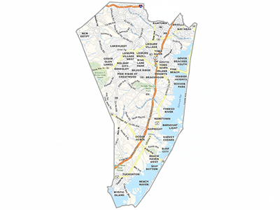 Illustrated map of Ocean County New Jersey indicating free laundry collection and delivery coverage