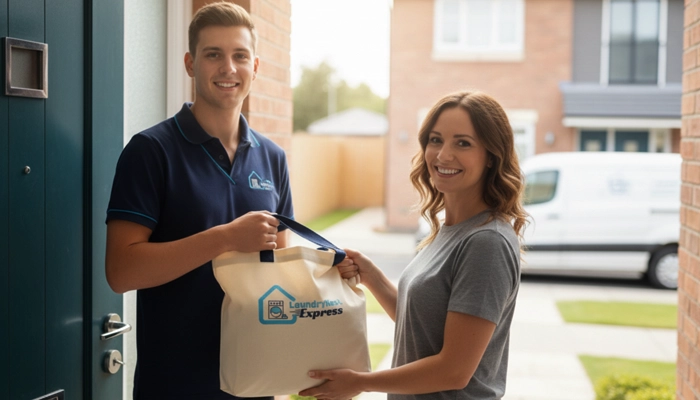 Happy customer receiving clean and fresh laundry from LaundryNest Express in NJ
