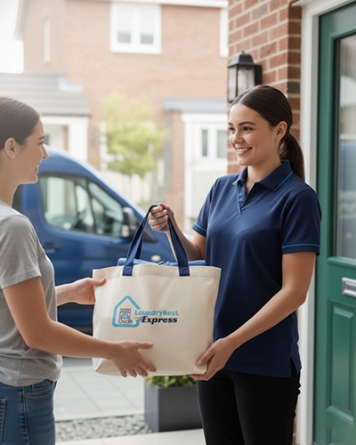 Happy customer using LaundryNest Express emergency laundry pickup and delivery in New Jersey