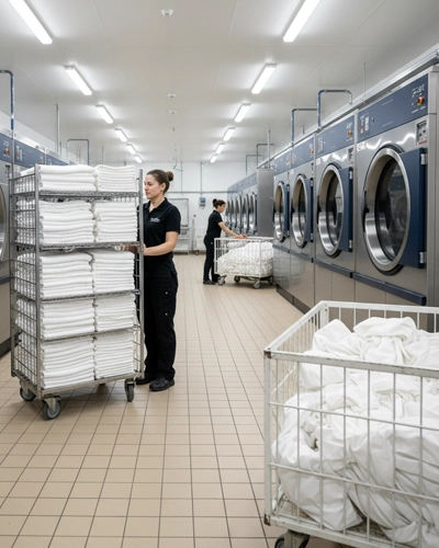 Heavy laundry service for large hotel linens, blankets, comforters, bedding, and bath towels