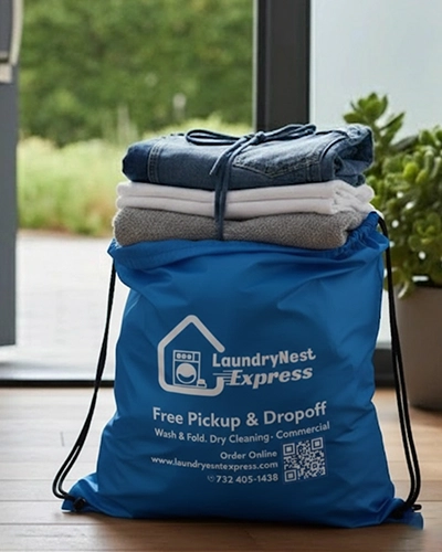 Laundry clothes bag packed and ready for home delivery after wash and fold service in New Jersey