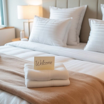 Stack of pristine white hotel towels and bed linens hygienically cleaned for daily guest room service