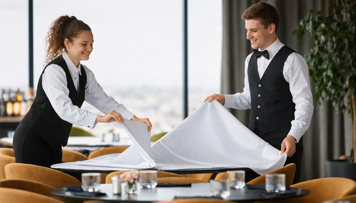 Restaurant and cafe laundry service in NJ for clean table linens, uniforms, napkins, and kitchen towels