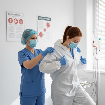 Freshly laundered and sanitised clinical garments and towels prepared for a medical office environment