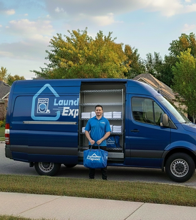 Laundry pickup truck delivering freshly cleaned clothes to homes and businesses across New Jersey